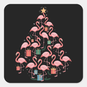 Pink Flamingo Weihnachtsbaum Flamingos Holiday Quadratischer Aufkleber