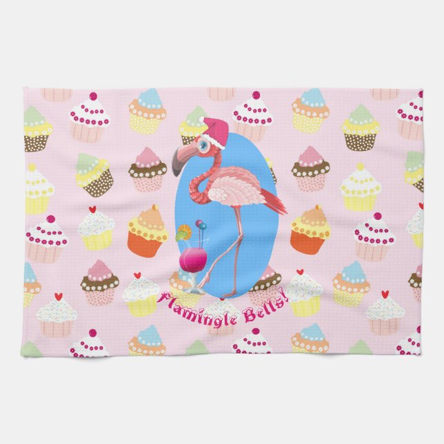 Pink Flamingo Weihnachtscocktails und Cupcakes Küchentuch (Horizontal)