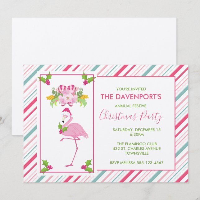 Pink Flamingo Weihnachtsmannmütze Candy Canes und  Einladung (Vorne/Hinten)