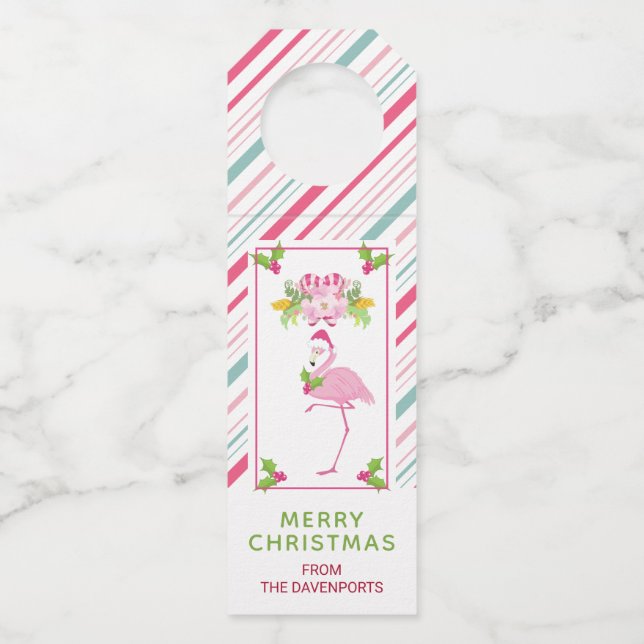 Pink Flamingo Weihnachtsmannmütze Candy Canes und  Flaschenanhänger (Vorderseite)