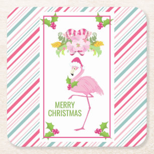 Pink Flamingo Weihnachtsmannmütze Candy Canes und Rechteckiger Pappuntersetzer
