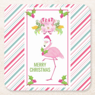 Pink Flamingo Weihnachtsmannmütze Candy Canes und  Rechteckiger Pappuntersetzer