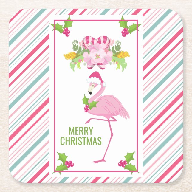 Pink Flamingo Weihnachtsmannmütze Candy Canes und  Rechteckiger Pappuntersetzer (Vorderseite)
