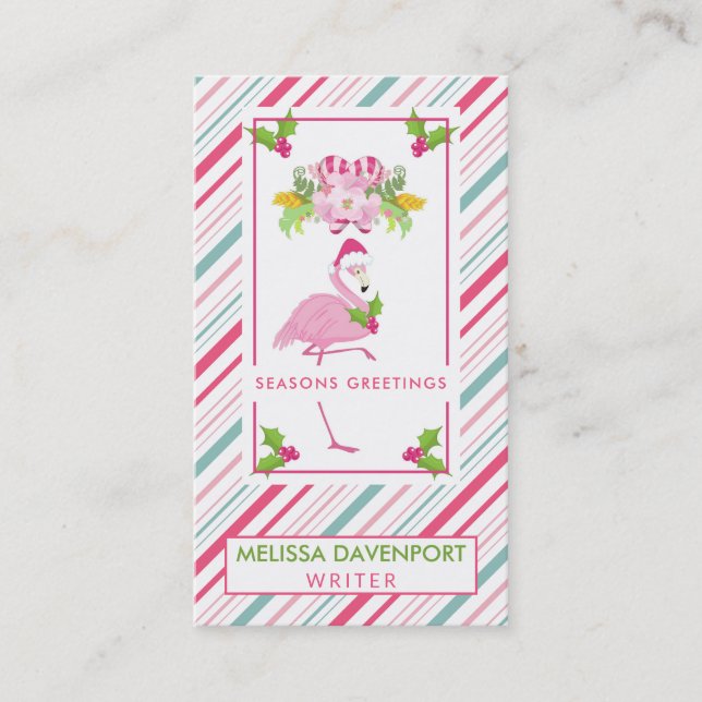 Pink Flamingo Weihnachtsmannmütze Candy Canes und  Visitenkarte (Vorderseite)