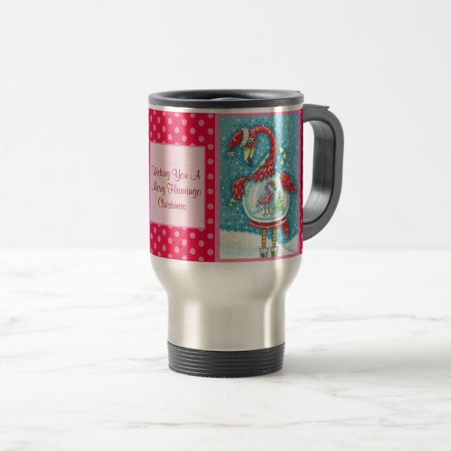 PINK FLAMINGO, WHITE CHRISTMAS REISENDE TASSE (VorderseiteRechts)