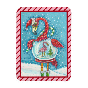 PINK FLAMINGO WHITE CHRISTMAS SNOWGLOBE MAGNET