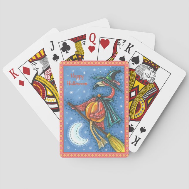 PINK FLAMINGO WITCH, FLIEGT ÜBER DEM MOND AUF EINE SPIELKARTEN (Rückseite)