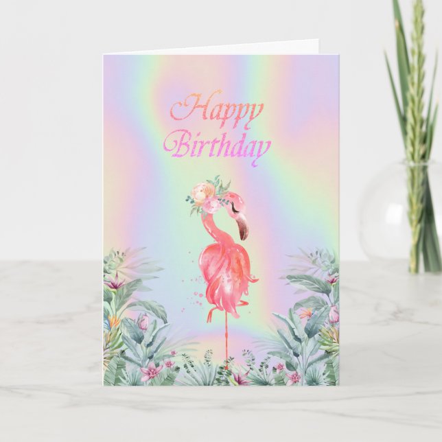 Pink Flamingos Blume Holographic Birthday Karte (Vorderseite)
