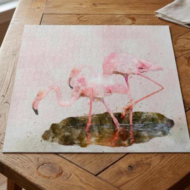 Pink Flamingos Companiship Watercolor (Pink Flamingos Companionship in Watercolor Art. Jigsaw Puzzle)