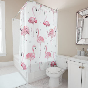 Pink Flamingos Gray Polka Dots Chic Tropical Duschvorhang