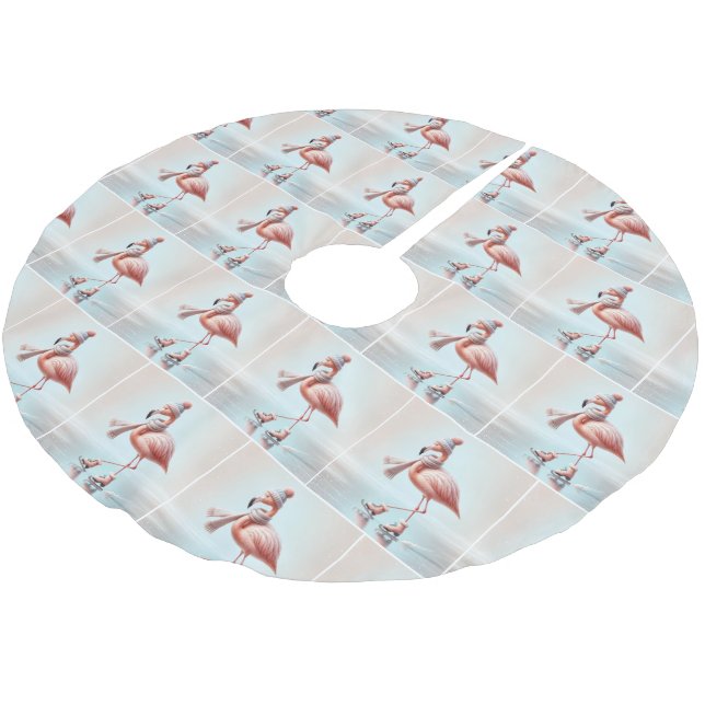 Pink Flamingos Ice Skaten Polyester Weihnachtsbaumdecke (Schrägansicht)