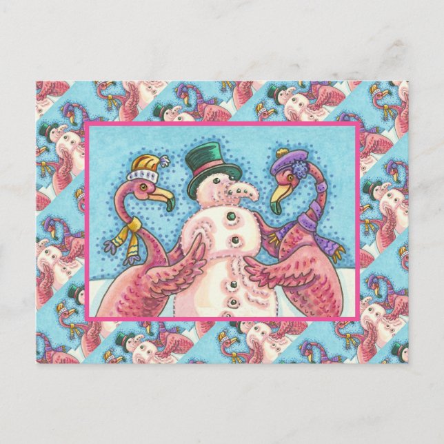 PINK FLAMINGOS MACHEN SNOWMAN, FUNNY CHRISTMAS VÖG POSTKARTE (Vorderseite)