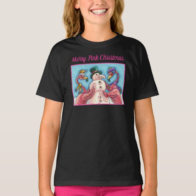 PINK FLAMINGOS MACHEN SNOWMAN, FUNNY CHRISTMAS VÖG T-Shirt (Vorderseite)