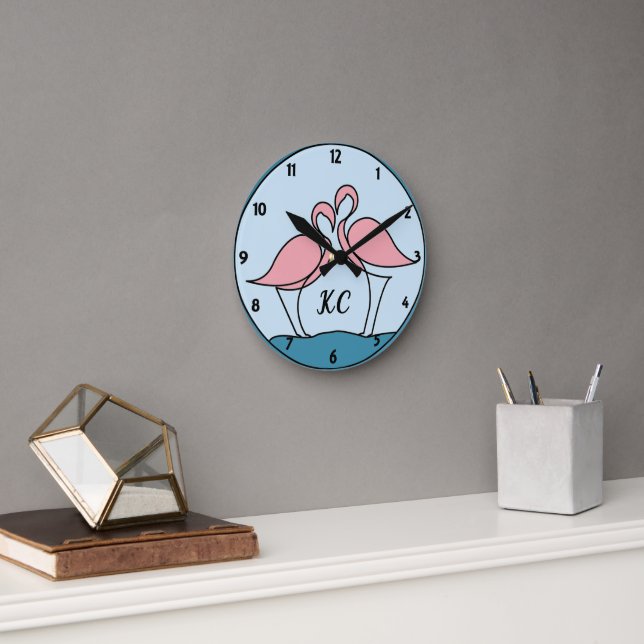 Pink Flamingos Monogram Art oder Custom Foto Wall Runde Wanduhr (Büro)