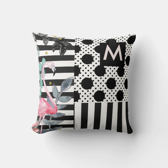 Pink Flamingos Polka Dots Black & White Fun Kissen (Vorderseite)