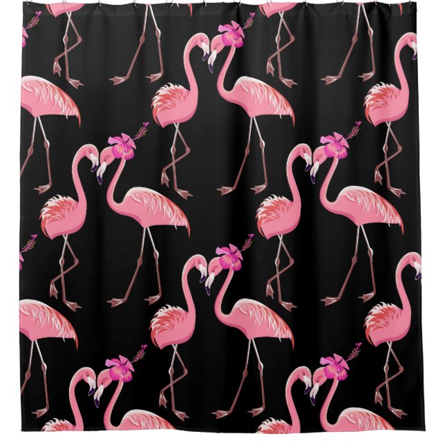 Pink Flamingos: Schwarzer Hintergrund Vintag Duschvorhang (Vorderseite)
