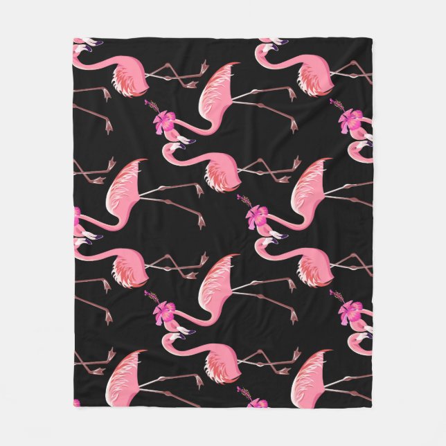 Pink Flamingos: Schwarzer Hintergrund Vintag Fleecedecke (Vorderseite)