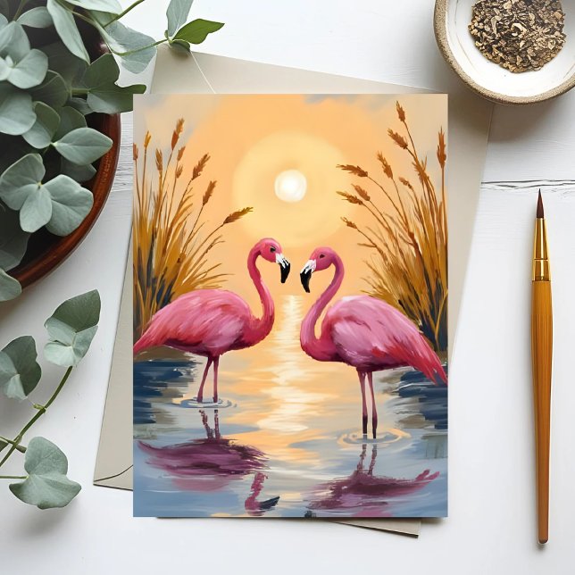 Pink Flamingos Sunset Animal Painting Postkarte (Von Creator hochgeladen)