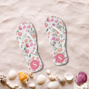 Pink Flamingos Tropical Floral Pattern Mit Monogra Flip Flops