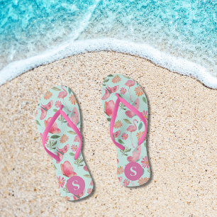 Pink Flamingos Tropical Floral Pattern Mit Monogra Flip Flops