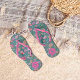 Pink Flamingos Tropical Floral Pattern Mit Monogra Flip Flops
