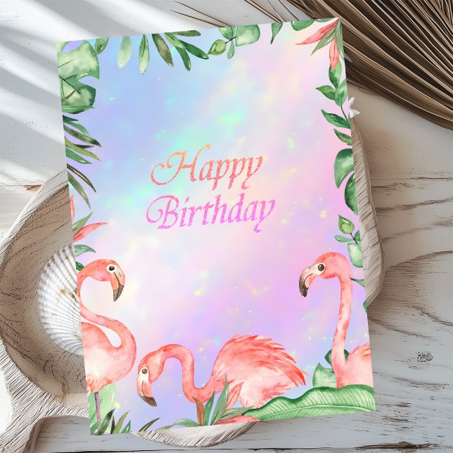 Pink Flamingos Tropical Holographic Birthday Karte (Von Creator hochgeladen)