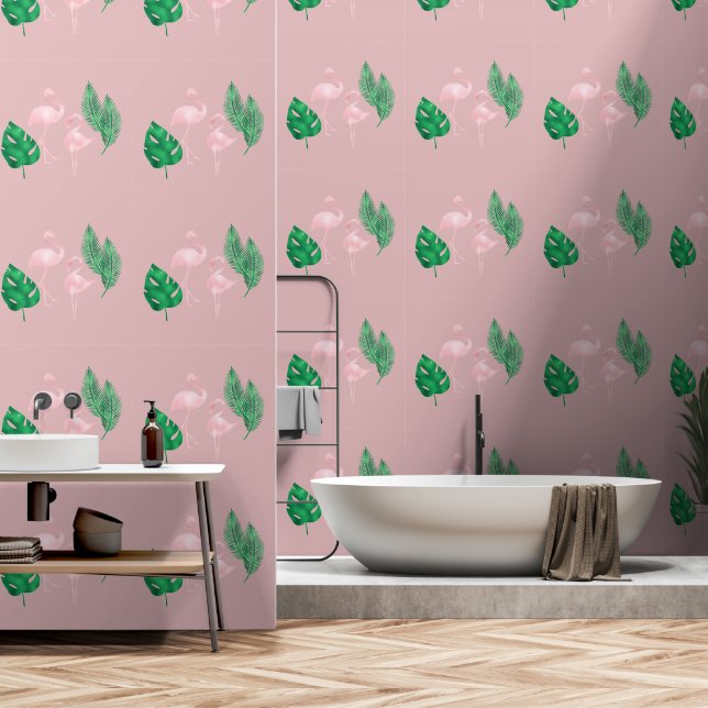 Pink Flamingos und Palm Blätter auf Rosa Rosa Tapete (Badezimmer)