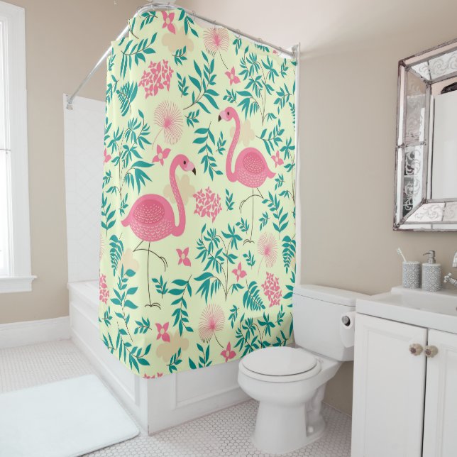 Pink Flamingos und tropische Blume Muster Duschvorhang (Beispiel)