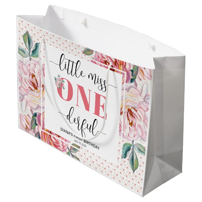 Pink Floral 1st Birthday  Große Geschenktüte (Rückseite Schrägansicht)