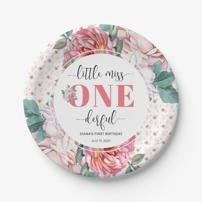 Pink Floral 1st Birthday Pappteller (Vorderseite)