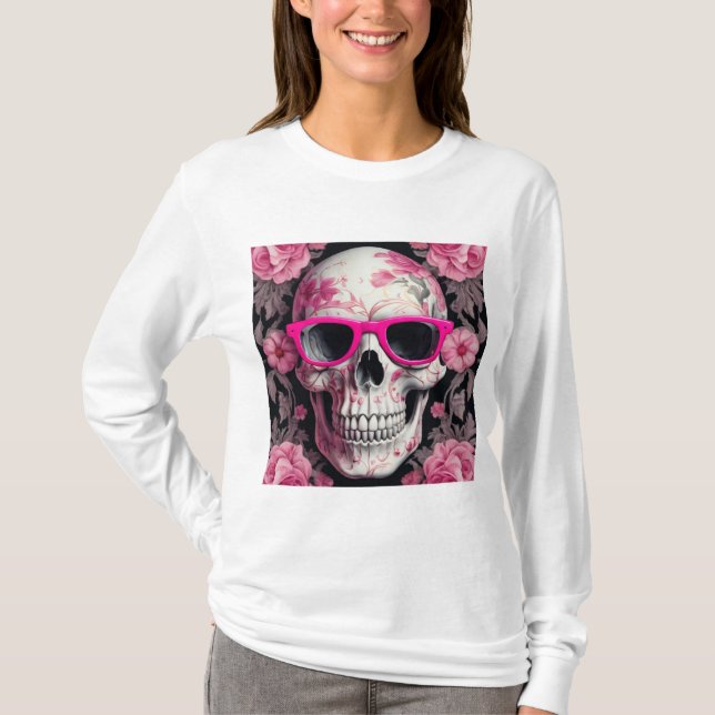 Pink Floral 3D Toter Schädel mit Sonnenbrille T-Shirt (Vorderseite)