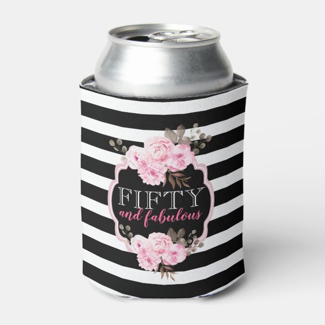 Pink Floral 50 & Fabulous Schwarz-weiß Stripe Dosenkühler (Kanne Vorderseite)