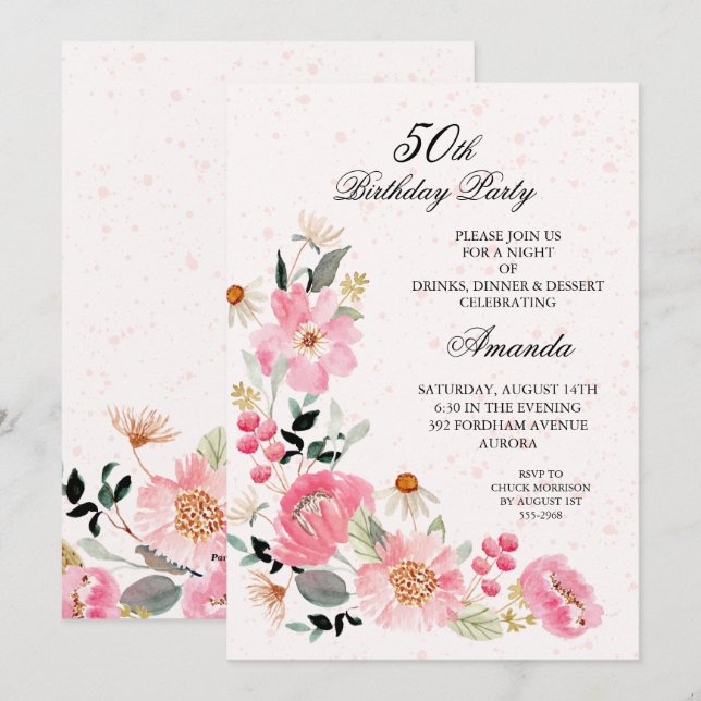 Pink Floral 50. Geburtstagsparty Einladung (Vorne/Hinten)