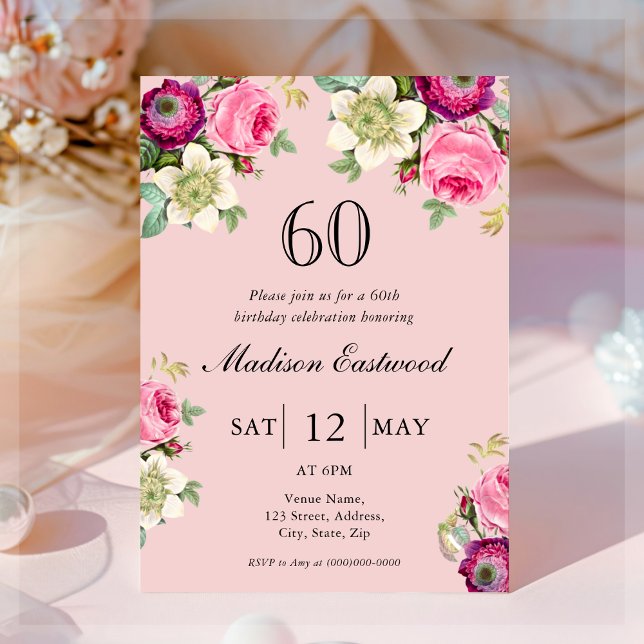 Pink Floral 60e anniversaire Invitation (Créateur téléchargé)