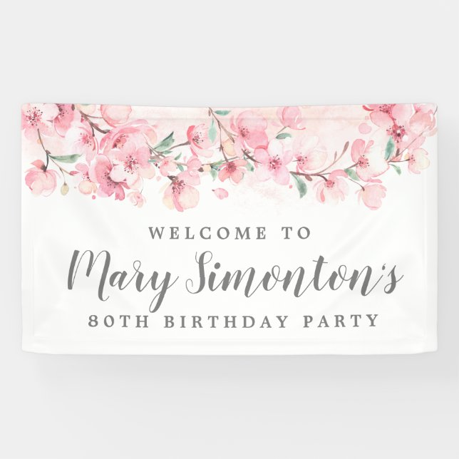 Pink Floral 80. Geburtstag Willkommen Banner (Horizontal)