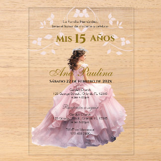 Pink Floral Acrylic Quinceañera Spanische Einladun Acryleinladungen