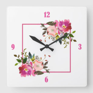 Pink Floral Acrylic Wall Clock Quadratische Wanduhr