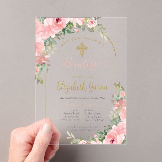 Pink floral acrylique baptême espagnol invitation (In situ (ordinateur de poche))