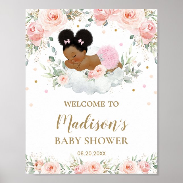 Pink Floral African American Baby Dusche Empfang Poster (Vorne)