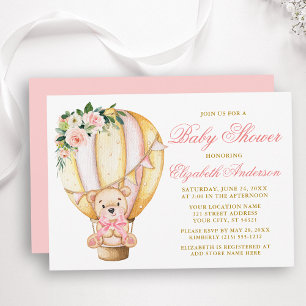 Pink Floral Air Ballon Teddy Bear Baby Dusche Einladung
