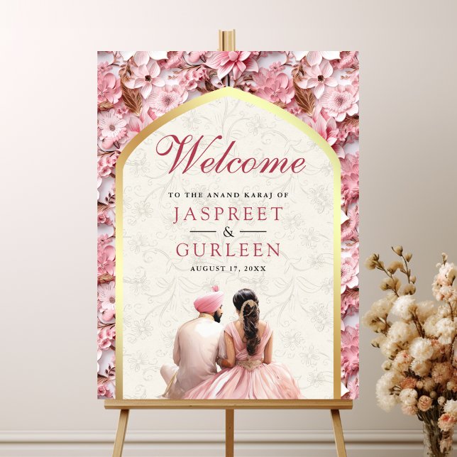 Pink Floral Anand Karaj Sikh Affiche de bienvenue  (Créateur téléchargé)