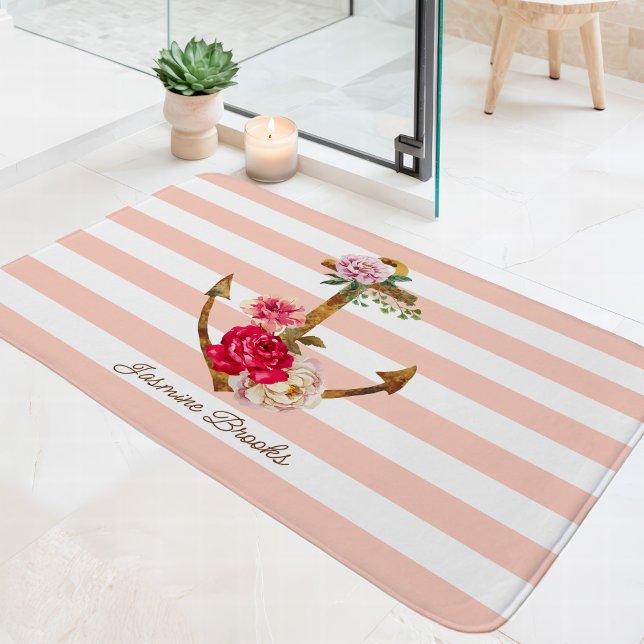 Pink Floral Anchor Nautical Stripes Individuelle N Badematte (Von Creator hochgeladen)