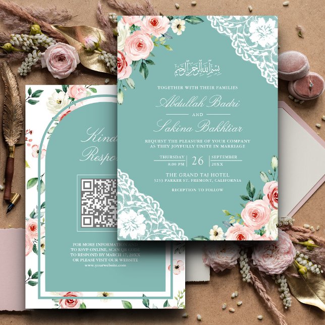 Pink Floral Aquamarin Mint Lace QR Code Muslime Ho Einladung (Von Creator hochgeladen)