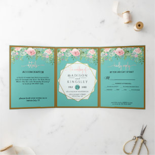 Pink Floral Aquamarin Wedding Fab ELEGANT Dreifach Gefaltete Einladung