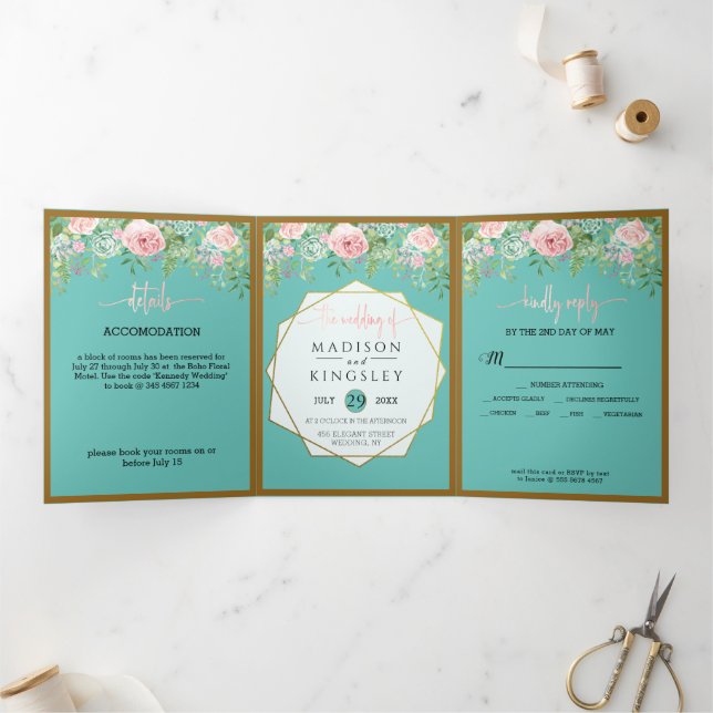 Pink Floral Aquamarin Wedding Fab ELEGANT Dreifach Gefaltete Einladung (Innenseite)