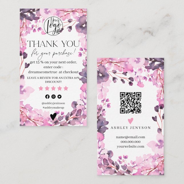 Pink floral Aquarell Bestellung Vielen Dank Visitenkarte (Vorne/Hinten)