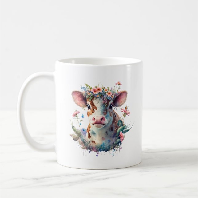 Pink Floral Aquarell Kuh mit Blume Krone Kaffeetasse (Links)