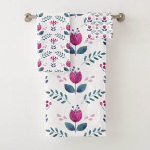Pink Floral Aquarell Tulip Badhandtuch Set