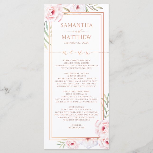 Pink Floral Aquarelle Rose or Mariage Menu (Devant)