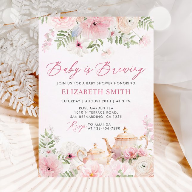 Pink Floral Baby Brewing Tee Party Baby Dusche Einladung (Von Creator hochgeladen)